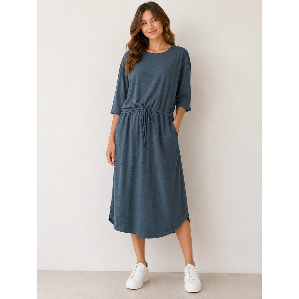 Pact Midi Dress Womens XL Teal Organic Cotton Drawstring Waist Pocket Loungewear